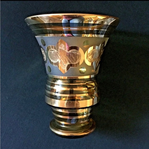 Antique Handpainted Made in Belgium BOOM Gold and Amber Glass Vase Art Deco Rare